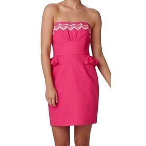 LILLY PULITZER Maybell Structured Peplum Ruffle Strapless Dress Azalea Pink-Sz 4